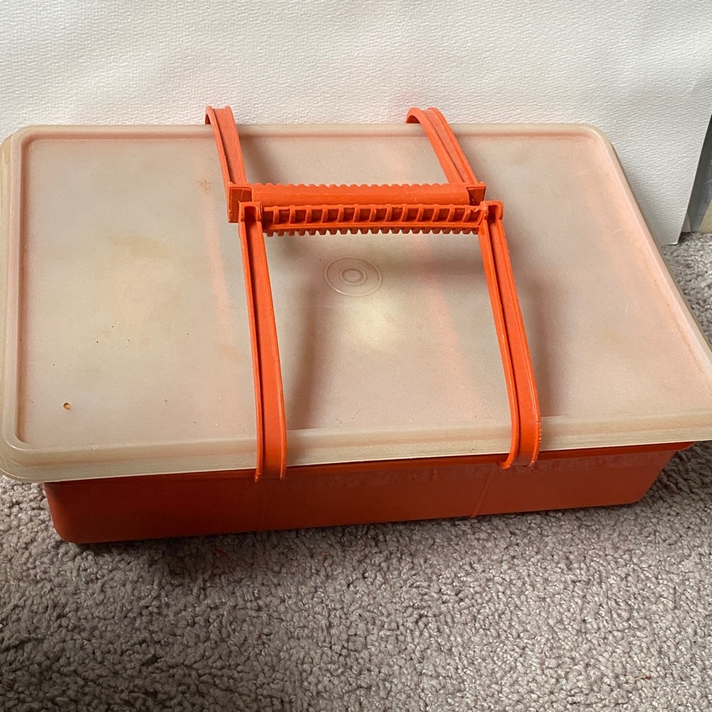 Vintage Orange Tupperware Box with Snap Handle and Sewing Items